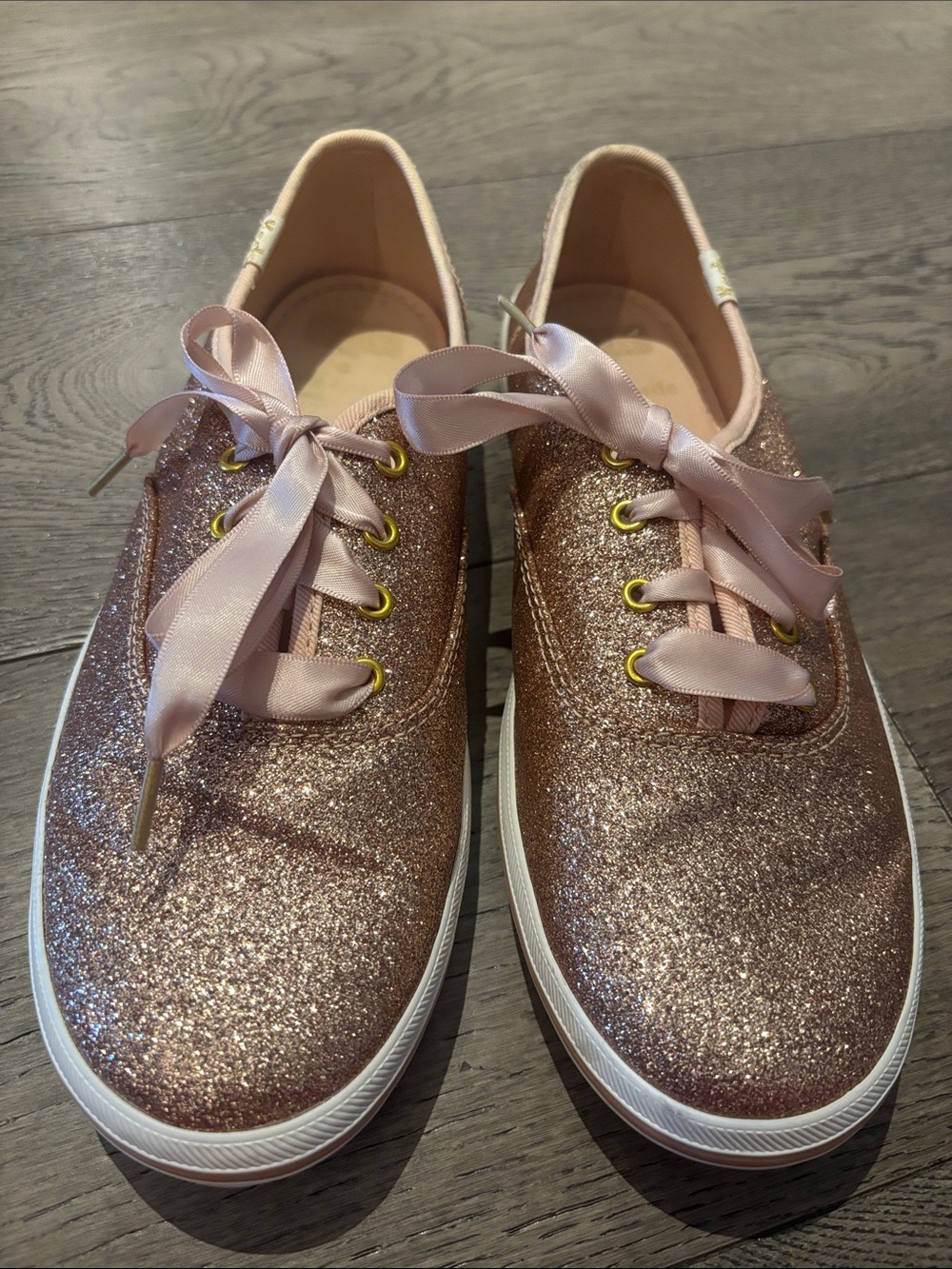 Keds Kate spade Rose Gold Glitter Lace-Up Sneakers with Satin Ribbons